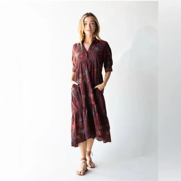 NATURAL LIFE | Dresses | Natural Life Womens Maroon Rebecca Floral Print Midi  Dress Pockets Euc M 241 | Poshmark